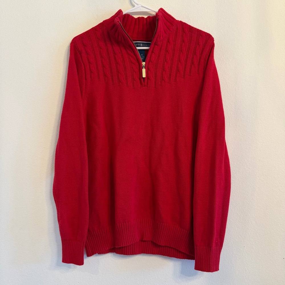 100% Cotton Karen Scott Red Cable-Knit Quarter-Zip Sweater